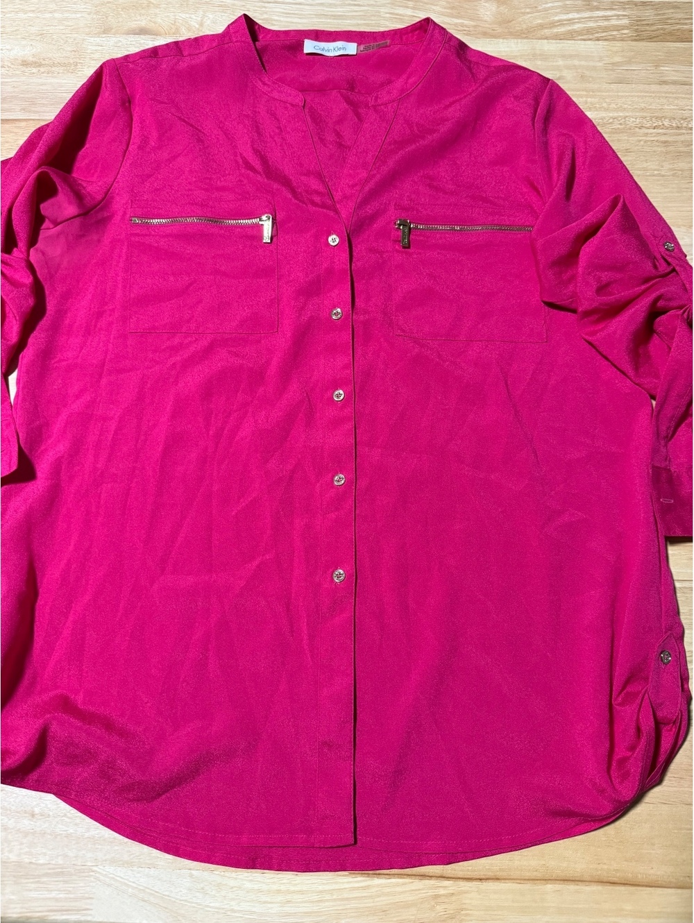 Calvin Klein Women’s Hot Pink Button Down Blouse Gold Zippers Est XL